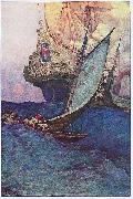 Howard Pyle, An Attack on a Galleon: illustration of pirates approaching a ship